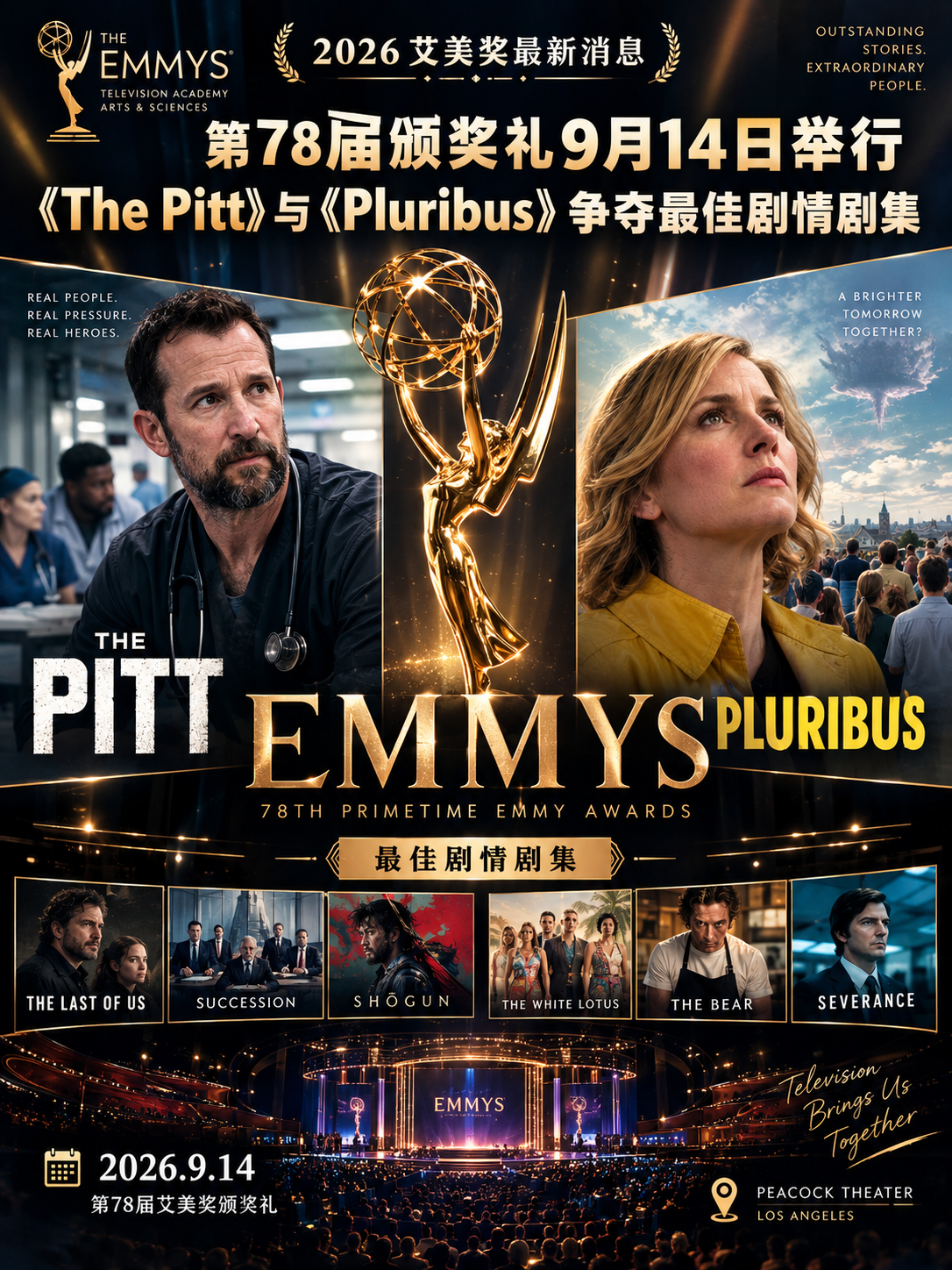 2026艾美奖最新消息：第78届颁奖礼9月14日举行，《The Pitt》与《Pluribus》争夺最佳剧情剧集封面图